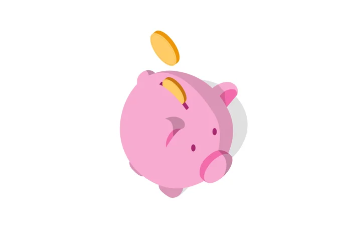 Ein rosa Sparschwein wird in minimalistischem Stil dargestellt, während eine einzelne goldene Münze in den Schlitz fällt. Das Bild steht vor weißem Hintergrund und betont die Schlichtheit und den Fokus auf das Sparen. Das Sparschwein ist rund und cartoonhaft und vermittelt eine spielerische, zugängliche Stimmung.