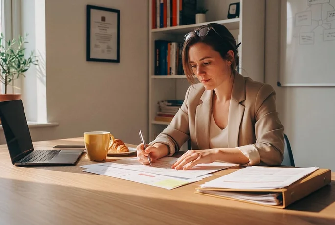 Eine Frau in Businesskleidung sitzt an einem Schreibtisch, sichtet Unterlagen und macht sich Notizen. Das moderne Büro ist hell und freundlich, mit Laptop, Kaffeetasse und Croissant. Die Atmosphäre ist professionell und konzentriert, mit warmen, neutralen Farbtönen und einem aufgeräumten Arbeitsplatz. Es sind keine Texte oder Zahlen zu sehen.