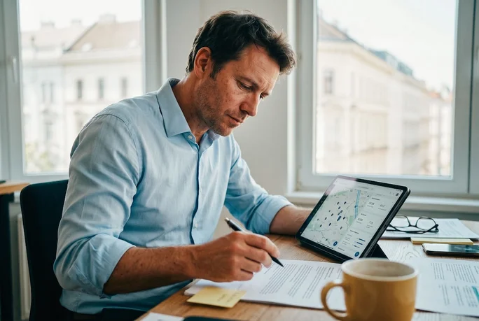 Ein Mann sitzt an einem Schreibtisch in einem hellen Büro, nutzt ein Tablet und prüft gedruckte Dokumente. Auf dem Bildschirm des Tablets wird eine Kartendarstellung mit Symbolen und Zahlen angezeigt. Der Arbeitsplatz ist mit Stift, Papier und Haftnotizen ausgestattet. Große Fenster sorgen für Tageslicht und bieten einen Blick auf die Stadt. Die Atmosphäre ist professionell und konzentriert.