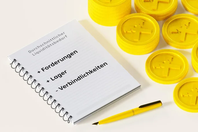Ein Spiralnotizbuch mit deutschen Finanzbegriffen wie „Forderungen“, „Lager“ und „Verbindlichkeiten“ liegt auf einer hellen Unterlage neben einem gelben Stift und mehreren Stapeln gelber Münzen mit Währungssymbol. Die Szene ist hell ausgeleuchtet und wirkt aufgeräumt und übersichtlich – modern und minimalistisch.