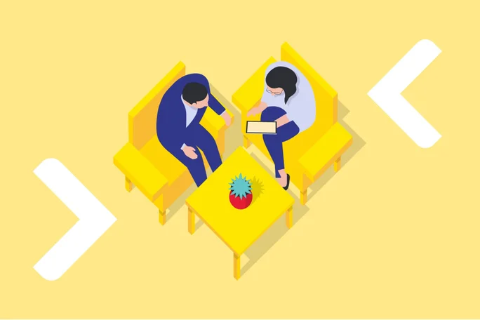 Illustration of two professionals seated in yellow armchairs around a small table. One person holds a digital tablet while they discuss or review information together. A potted plant sits on the table, adding a decorative element to the scene. The background is a flat yellow with white arrow shapes suggesting direction or progress.