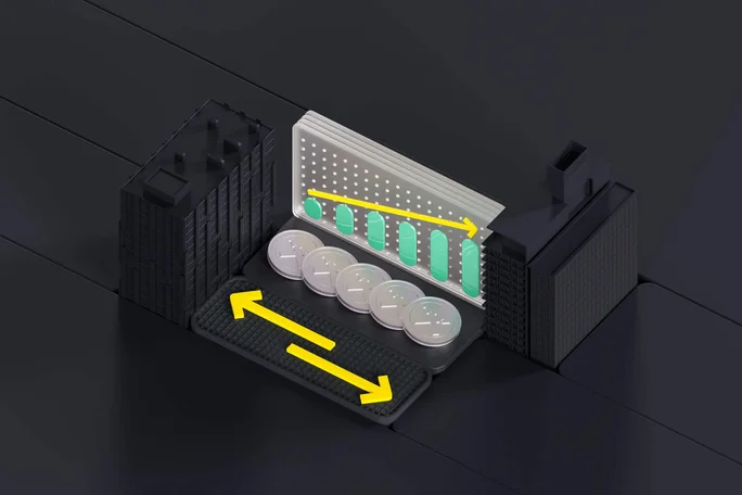 Das Bild zeigt ein elegantes, schwarzes Batteriefach mit vier runden Batterien. Leuchtend gelbe Pfeile zeigen die Einlege- und Entnahmerichtung an, während grüne und weiße Grafiken die interne Struktur verdeutlichen. Das Design ist minimalistisch und technisch, mit dunkler Farbpalette und geometrischen Formen. Es sind keine Texte oder Zahlenwerte sichtbar.