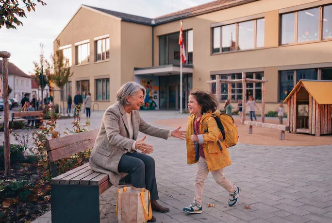 Ein Kind mit gelbem Rucksack nähert sich einem älteren Erwachsenen, der auf einer Bank vor einem modernen Schulgebäude sitzt. Die Szene spielt im Freien und zeigt gepflasterte Wege, herbstliches Laub und Spielgeräte. Die Atmosphäre ist warm und einladend, mit sanftem, natürlichem Licht und erdigen Farbtönen. Auf dem Bild sind keine Texte oder Zahlen zu sehen.