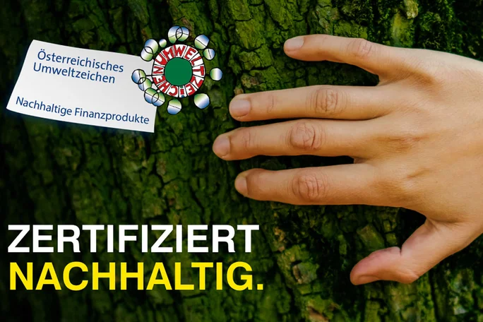 Hand hält Baum links unten steht der Text Zertifiziert nachhaltig.