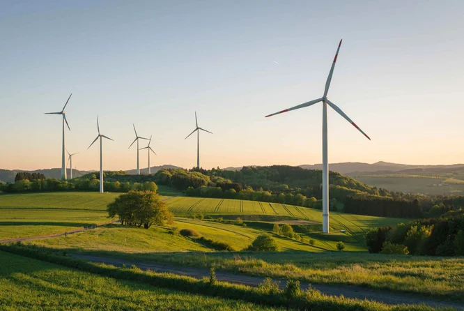 Eine Gruppe von Windkraftanlagen ragt im Abendrot aus einer üppig grünen Landschaft empor. Sanfte Hügel und vereinzelte Bäume schaffen eine ruhige und natürliche Atmosphäre. Die gleichmäßig verteilten Anlagen fügen sich harmonisch in die Landschaft ein und symbolisieren erneuerbare Energien und Nachhaltigkeit.
