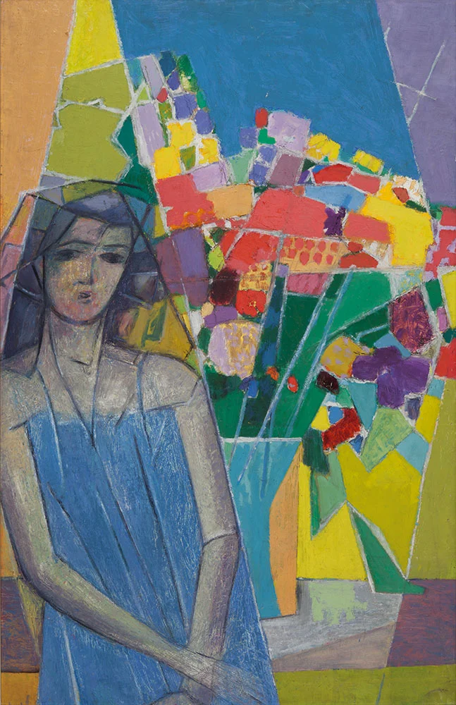 Gemälde: Mädchen mit Blumen, 1949, Ölbild auf Holzplatte, 128 x 82 cm, Kunstsammlung Raiffeisen Niederösterreich-Wien
