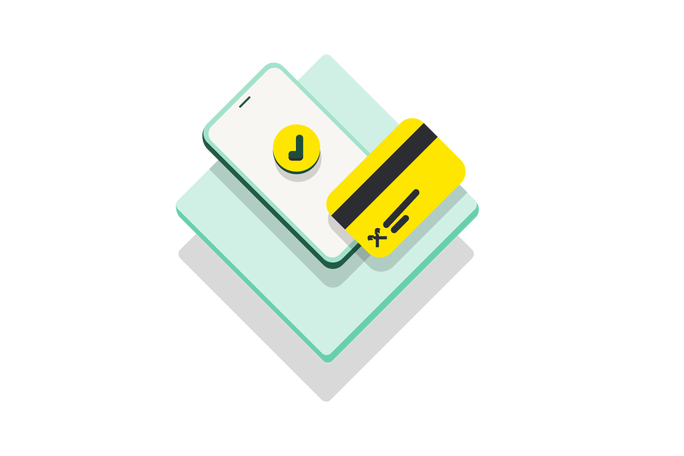Eine stilisierte Illustration zeigt ein Smartphone und eine gelbe Kreditkarte auf übereinanderliegenden grünen Flächen. Auf dem Smartphone-Bildschirm ist ein kreisförmiges gelbes Symbol mit einem schwarzen Häkchen zu sehen. Die Kreditkarte ist gelb mit schwarzen Details, darunter ein sichtbares „X“ und ein Teil der Kartennummer. Die Farbpalette ist minimalistisch gehalten und verwendet Weiß, Gelb, Grün und Schwarz für ein modernes, digitales Finanzthema.