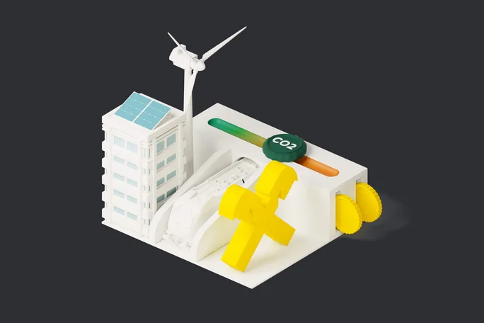 Ein stilisiertes Modell zeigt ein modernes Gebäude mit Solarpaneelen, einer Windkraftanlage und einem CO₂-Messgerät. Die Szene unterstreicht erneuerbare Energiequellen und Umweltbewusstsein. Leuchtend gelbe Zahnräder und ein grün-orangefarbenes Messgerät sorgen für optische Akzente; die CO₂-Anzeige ist deutlich sichtbar. Der dunkle Hintergrund betont das Thema saubere Energie.