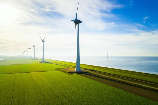 Eine Reihe moderner Windkraftanlagen ragt in weitläufigen grünen Feldern nahe der Küste empor. Der klare Himmel und der ruhige Meerblick unterstreichen die Bedeutung erneuerbarer Energien und Nachhaltigkeit. Das Bild besticht durch klare Linien und lebendige Naturfarben und vermittelt eine friedliche und umweltfreundliche Atmosphäre.