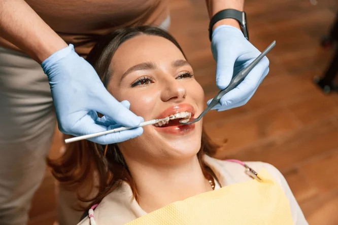 Eine Zahnärztin in blauen Handschuhen führt eine Untersuchung mit zahnärztlichen Instrumenten durch. Die Patientin sitzt in einem Behandlungsstuhl und trägt ein gelbes Schutzlätzchen. Der Holzboden schafft eine warme und professionelle Atmosphäre. Der Fokus liegt auf der zahnärztlichen Behandlung und den verwendeten Instrumenten.