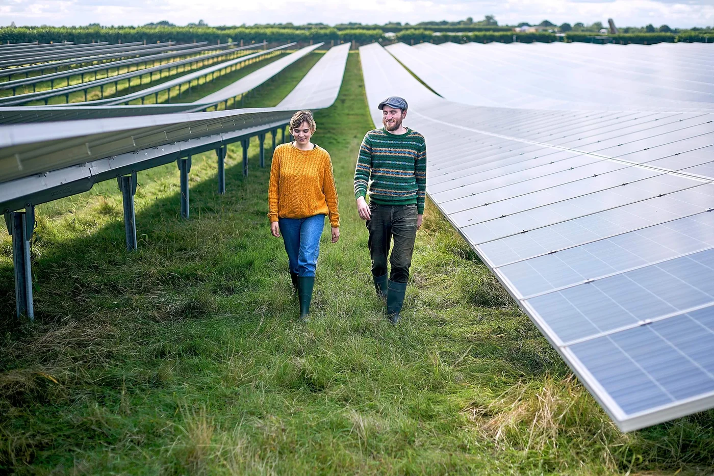 Ein Mann und eine Frau spazieren durch eine Rasenfläche, die von Reihen von Solarmodulen umgeben ist. Die Szenerie zeigt einen Solarpark im Freien an einem klaren Tag und unterstreicht die Bedeutung erneuerbarer Energien. Beide sind leger gekleidet: die Frau in einem leuchtend orangefarbenen Pullover, der Mann in einem grün gestreiften Pullover.
