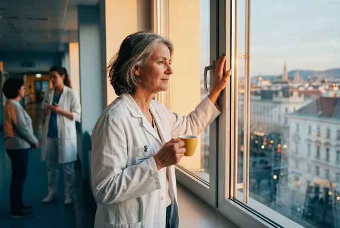 Eine ältere, erfahrene Mitarbeiterin im Gesundheitswesen steht an einem offenen Fenster, hält eine Tasse in der Hand und blickt im Sonnenuntergang über die Stadt. Sie trägt einen weißen Laborkittel, was auf ein Krankenhaus oder eine Klinik hindeutet. Im Hintergrund unterhalten sich zwei weitere medizinische Fachkräfte auf dem Flur. Die Szene wirkt ruhig, und warmes, natürliches Licht durchflutet den Raum.