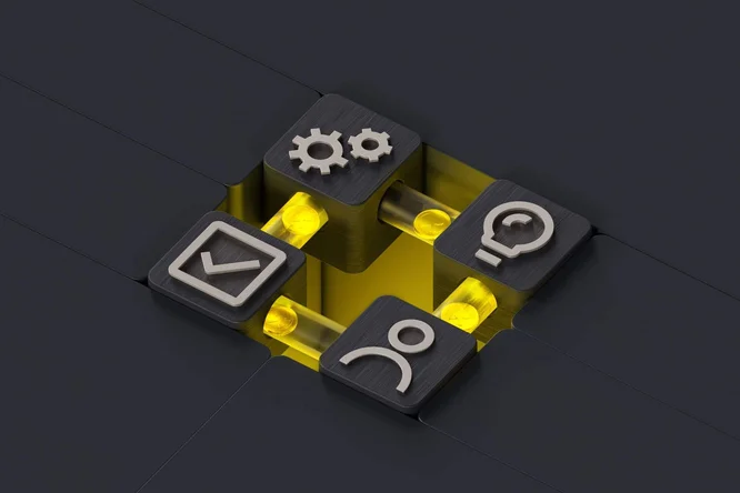 Vier schwarze Quadrate mit metallisch glänzenden Symbolen sind auf dunklem Hintergrund rasterförmig angeordnet. Die Symbole zeigen Zahnräder, eine Glühbirne, ein Häkchen und eine Person, die alle von einem gelben Licht von unten beleuchtet werden. Das Bild vermittelt durch seinen modernen, minimalistischen Stil Themen wie Innovation, Teamwork und Produktivität.