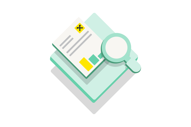Eine stilisierte Illustration zeigt ein Dokument mit farbigen Balken und einem kleinen Symbol auf mehreren Ebenen. Eine Lupe schwebt über dem Dokument und deutet auf eine Analyse oder Überprüfung hin. Die Farbpalette ist sanft mit Akzenten in Mintgrün, Gelb und Türkis, der Stil minimalistisch und modern.