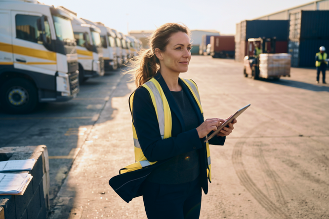 Eine Frau in Warnweste steht im Freien auf einem Verladegelände, hält ein Tablet in der Hand und überwacht die Abläufe. Im Hintergrund sind mehrere Lkw aufgereiht, außerdem sind Container und Arbeiter zu sehen. Die Szene ist hell von natürlichem Sonnenlicht erleuchtet, was auf den frühen Morgen oder späten Nachmittag hindeutet. Die Atmosphäre ist professionell und geschäftig.