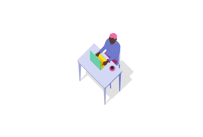 Illustration einer Person, die an einem Schreibtisch sitzt und einen Laptop benutzt. Die Szene ist minimalistisch gehalten, mit einer Kaffeetasse und einem Notizbuch auf dem Tisch. Die Person trägt eine pinke Kappe und ein blaues Hemd und ist im flachen, farbenfrohen Stil dargestellt. Die Szene vermittelt einen konzentrierten und produktiven Eindruck.
