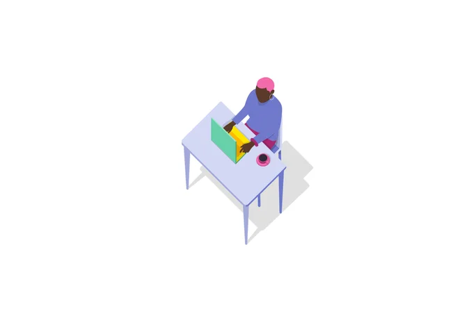 Illustration einer Person, die an einem Schreibtisch sitzt und einen Laptop benutzt. Die Szene ist minimalistisch gehalten, mit einer Kaffeetasse und einem Notizbuch auf dem Tisch. Die Person trägt eine pinke Kappe und ein blaues Hemd und ist im flachen, farbenfrohen Stil dargestellt. Die Szene vermittelt einen konzentrierten und produktiven Eindruck.