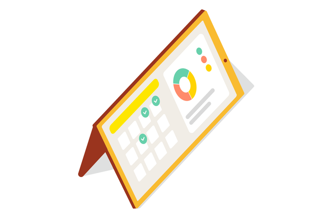 Eine Abbildung zeigt ein Tablet mit Ständer. Auf dem Bildschirm wird ein Kalenderraster neben einem farbenfrohen Analyse-Dashboard mit Diagrammen und Grafiken angezeigt. Der visuelle Stil ist klar und minimalistisch und verwendet eine Farbpalette aus Gelb, Grün, Orange und Weiß. Es werden keine Texte oder Zahlen angezeigt.