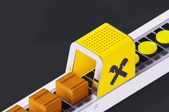 Ein gelbes Gerät mit Hammer- und Schraubenschlüssel-Symbol prüft oder verarbeitet Holzkisten auf einem Förderband. Die Szenerie wirkt industriell oder automatisiert, mit einem klaren, modernen Design und dunklem Hintergrund. Die Maschine hat eine perforierte Oberseite und ein gut sichtbares Symbol. Auf dem Förderband werden sowohl Kisten als auch runde, gelbe Objekte transportiert. Die Gesamtwirkung ist effizient und technisch, mit einer Farbpalette aus Gelb, Weiß und Braun.