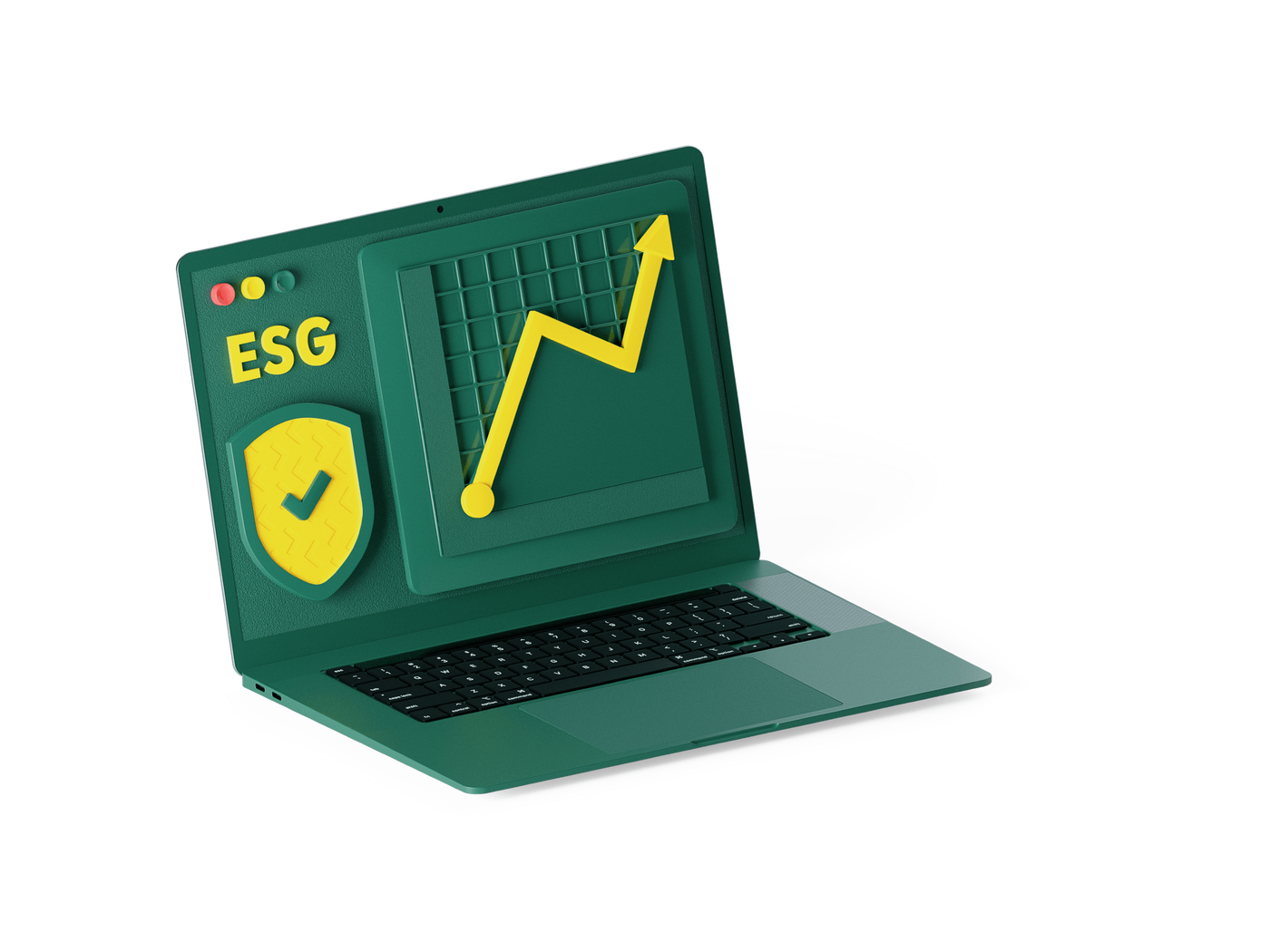 Ein grüner Laptop zeigt auf seinem Bildschirm ein gelbes, nach oben gerichtetes Liniendiagramm. Die Buchstaben „ESG“ sind links neben einem Schildsymbol mit Häkchen deutlich zu erkennen. Die Farbpalette in Grün und Gelb vermittelt ein Gefühl von Nachhaltigkeit und positivem Wachstum.