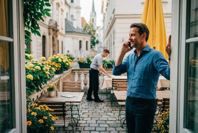 Ein leger gekleideter Mann steht in einem charmanten Café-Innenhof und telefoniert. Der Hof ist mit Kopfsteinpflaster belegt, gelbe Blumen in Pflanzkübeln schmücken das Bild, und im Hintergrund erhebt sich klassische europäische Architektur. Eine weitere Person, vermutlich ein Kellner, deckt Tische ein. Die Atmosphäre ist entspannt und sommerlich, mit einer Farbpalette aus Gelb-, Blau- und Naturtönen.