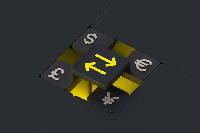 A digital illustration of currency symbols, arrows, and a central exchange icon, representing international currency trading, forex market, and financial transactions.