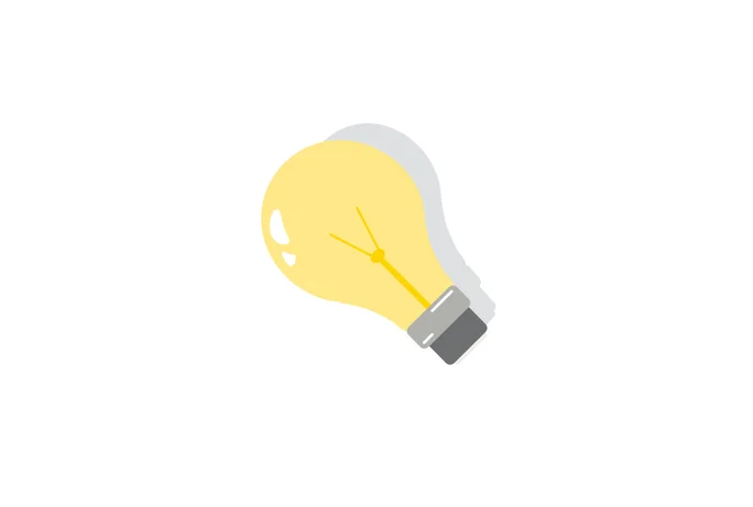 Einfache Illustration einer gelben, leuchtenden Glühbirne mit grauem Sockel. Die Glühbirne ist vor weißem Hintergrund dargestellt, wodurch ihr Design und ihre Helligkeit betont werden. Das Bild steht für Innovation, Energie und Kreativität.