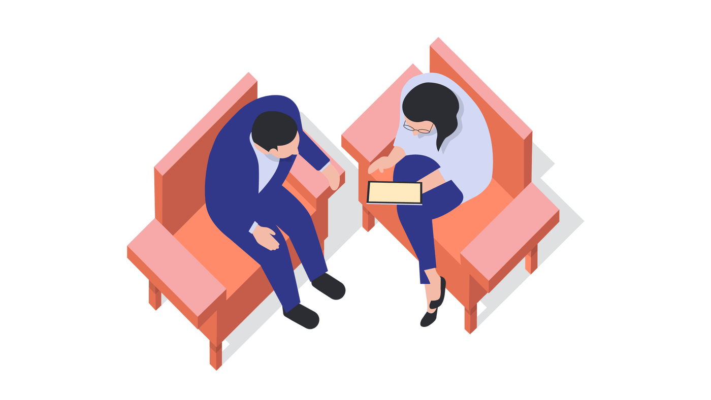 Eine Illustration zeigt zwei Personen, die auf pfirsichfarbenen Sesseln sitzen und sich unterhalten. Eine Person hält ein Tablet in der Hand, während die andere aufmerksam zuhört. Die Szenerie vermittelt den Eindruck einer Zusammenarbeit oder eines geschäftlichen Umfelds und besticht durch einen modernen, minimalistischen Stil. Es sind keine Texte oder Zahlen zu sehen.