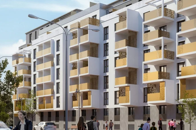 Modernes Wohnhaus mit gelben Balkonen