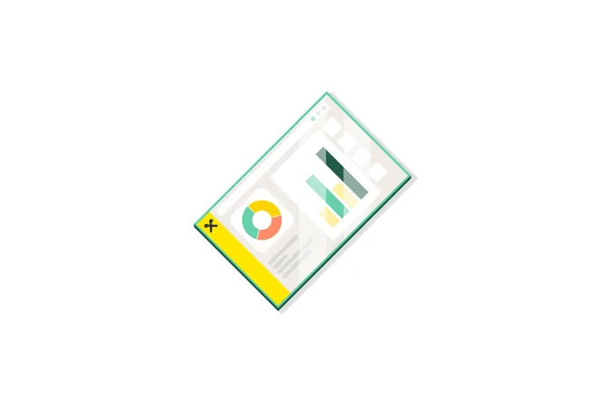 Eine digitale Oberfläche zeigt bunte Datencharts und Grafiken, darunter ein Tortendiagramm und ein Balkendiagramm. Das Design ist klar strukturiert, mit einem gelben Akzent auf der linken Seite. Die Visuals deuten auf Analyse- oder Präsentationstools im modernen, minimalistischen Stil hin.