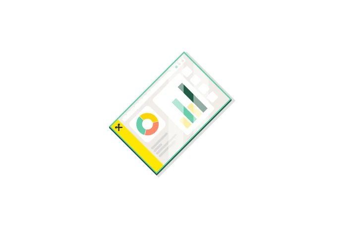 Eine digitale Oberfläche zeigt bunte Datencharts und Grafiken, darunter ein Tortendiagramm und ein Balkendiagramm. Das Design ist klar strukturiert, mit einem gelben Akzent auf der linken Seite. Die Visuals deuten auf Analyse- oder Präsentationstools im modernen, minimalistischen Stil hin.