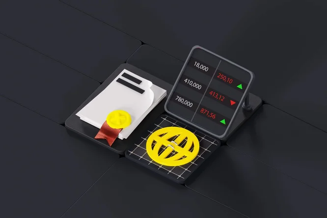 Ein stilisiertes digitales Dashboard visualisiert Finanzstatistiken mit Zahlen und positiven Trends. Die Szene zeigt einen Dokumentenstapel mit gelbem Siegel und ein Raster mit einem gelben Globus-Symbol. Die Zahlen 18.000, 410.000, 780.000, 250,10, 413,12 und 871,56 sind deutlich sichtbar und unterstreichen die Bedeutung der Datenanalyse. Die dunkle Farbpalette mit leuchtend gelben und roten Akzenten vermittelt ein modernes, technologieorientiertes Ambiente.