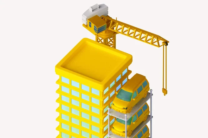 Ein gelber Baukran steht auf einem modernen Hochhaus mit blauen Fenstern. Mehrere gelbe Autos stehen auf einem angrenzenden Parkhaus. Die Szene ist in einem klaren, minimalistischen Stil mit einer hellen Farbpalette gestaltet. Es sind keine Texte oder Zahlen sichtbar. Der schlichte, weiße Hintergrund betont die architektonischen Elemente.