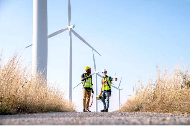 Zwei Ingenieure in Schutzausrüstung gehen über ein Feld im ländlichen Raum, im Hintergrund sind Windkraftanlagen zu sehen. Die helle, sonnige Umgebung unterstreicht die Bedeutung der Infrastruktur für erneuerbare Energien. Beide tragen Warnwesten und Helme und haben Werkzeuge für Inspektionen dabei.