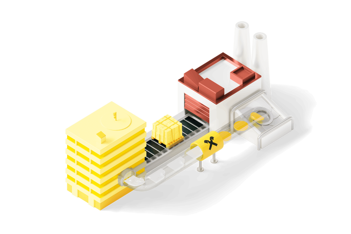 Eine stilisierte isometrische Illustration zeigt eine Fabrikszene mit einem Förderband, das ein gelbes Paket transportiert. Zu sehen sind Industriegebäude, ein Stapel gelber Blöcke und das Paket auf dem Band. Die Farbpalette wird von Gelb-, Weiß- und Rottönen dominiert, wodurch ein moderner und minimalistischer Stil entsteht. Es sind weder Text noch Zahlenwerte sichtbar.