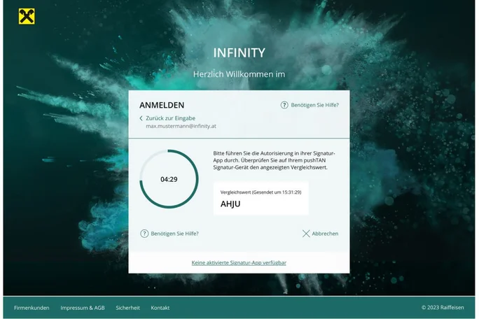 Eine digitale Anmeldeoberfläche für die Infinity-Plattform mit einem Countdown-Timer, der auf 04:29 Uhr eingestellt ist. Auf dem Bildschirm werden Anweisungen zur Benutzerauthentifizierung und der sichtbare Code „AHJU“ angezeigt. Der Hintergrund zeigt ein abstraktes, türkis-schwarzes Splash-Design mit dem Raiffeisen-Logo in der oberen linken Ecke.