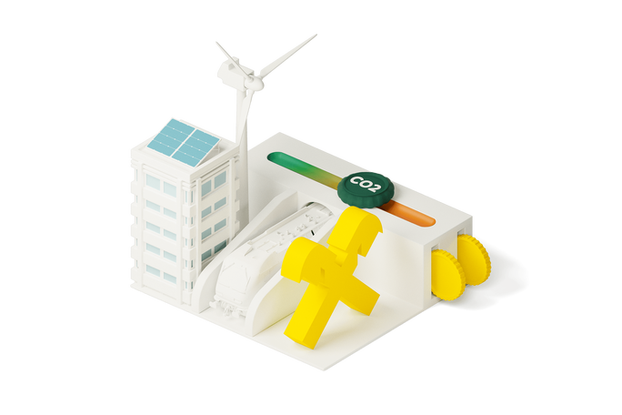 Eine stilisierte Illustration zeigt ein modernes Gebäude mit Solarmodulen, einer Windkraftanlage und einem großen gelben Zahnrad. Ein CO₂-Messgerät mit farbiger Skala ist prominent platziert und unterstreicht die Bedeutung der Umweltüberwachung. Die Szene besticht durch klare, minimalistische Bilder mit Fokus auf erneuerbare Energien und Nachhaltigkeit.