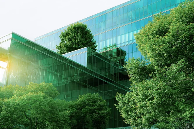 Ein modernes Glasgebäude mit reflektierenden Oberflächen ist von üppigem Grün umgeben. Die Lage unterstreicht ein umweltfreundliches Architekturkonzept, bei dem natürliche Elemente harmonisch in das Stadtbild integriert sind. Das durch die Bäume fallende Sonnenlicht schafft eine ruhige und zugleich lebendige Atmosphäre.