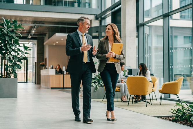 Zwei Erwachsene in Businesskleidung gehen und unterhalten sich in einer modernen Bürolobby mit großen Fenstern und viel Tageslicht. Gelbe Stühle, Zimmerpflanzen und im Hintergrund der Empfangsbereich schaffen eine angenehme Atmosphäre. Weitere Personen sitzen ebenfalls und unterhalten sich, was zu einer kollegialen Stimmung beiträgt. Die gesamte Einrichtung ist professionell und einladend, mit einer neutralen Farbpalette in Gelbtönen.