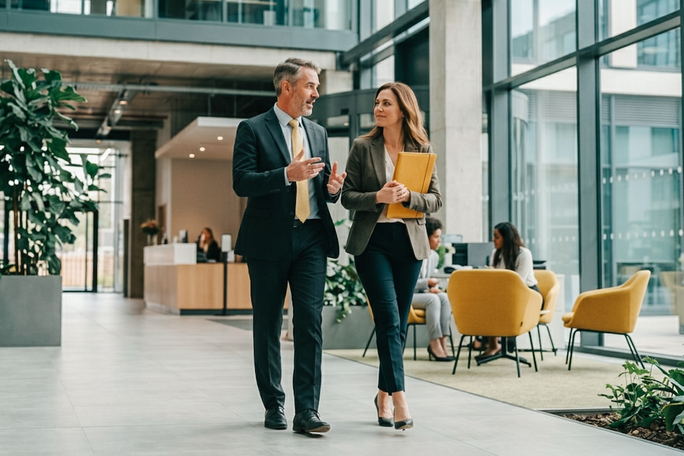Zwei Erwachsene in Businesskleidung gehen und unterhalten sich in einer modernen Bürolobby mit großen Fenstern und viel Tageslicht. Gelbe Stühle, Zimmerpflanzen und im Hintergrund der Empfangsbereich schaffen eine angenehme Atmosphäre. Weitere Personen sitzen ebenfalls und unterhalten sich, was zu einer kollegialen Stimmung beiträgt. Die gesamte Einrichtung ist professionell und einladend, mit einer neutralen Farbpalette in Gelbtönen.