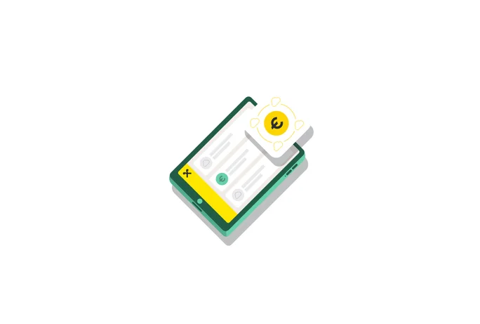 Illustration eines grünen Tablets mit einer digitalen Zahlungsoberfläche. Ein gelbes Euro-Symbol ist deutlich auf einer schwebenden Karte über dem Bildschirm zu sehen. Das Design ist minimalistisch mit weißen und grünen Akzenten und betont Finanztechnologie.