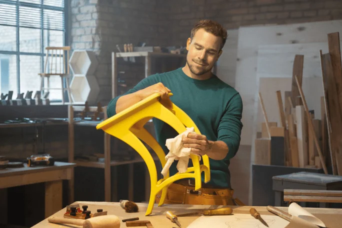 In einer hell erleuchteten Werkstatt poliert eine Person einen leuchtend gelben Holzstuhl. Im Hintergrund sind verschiedene Werkzeuge, Holzbretter und Regale mit Material zu sehen. Die rustikale Backsteinwand und das durch das Fenster einfallende Tageslicht vermitteln handwerkliches Können und Liebe zum Detail. Die Szene unterstreicht die Kreativität und das Geschick im Möbelbau.