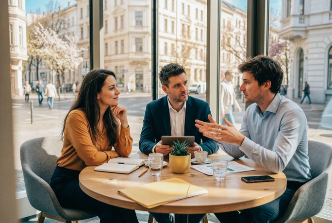 Drei Erwachsene unterhalten sich an einem runden Tisch in einem hellen, modernen Café. Große Fenster bieten Blick auf eine Straße mit historischer Architektur und blühenden Bäumen. Auf dem Tisch stehen Notizbücher, ein Tablet, Wassergläser und eine kleine Topfpflanze – eine professionelle und zugleich entspannte Atmosphäre. Natürliches Licht und warme Farbtöne fördern die Zusammenarbeit.