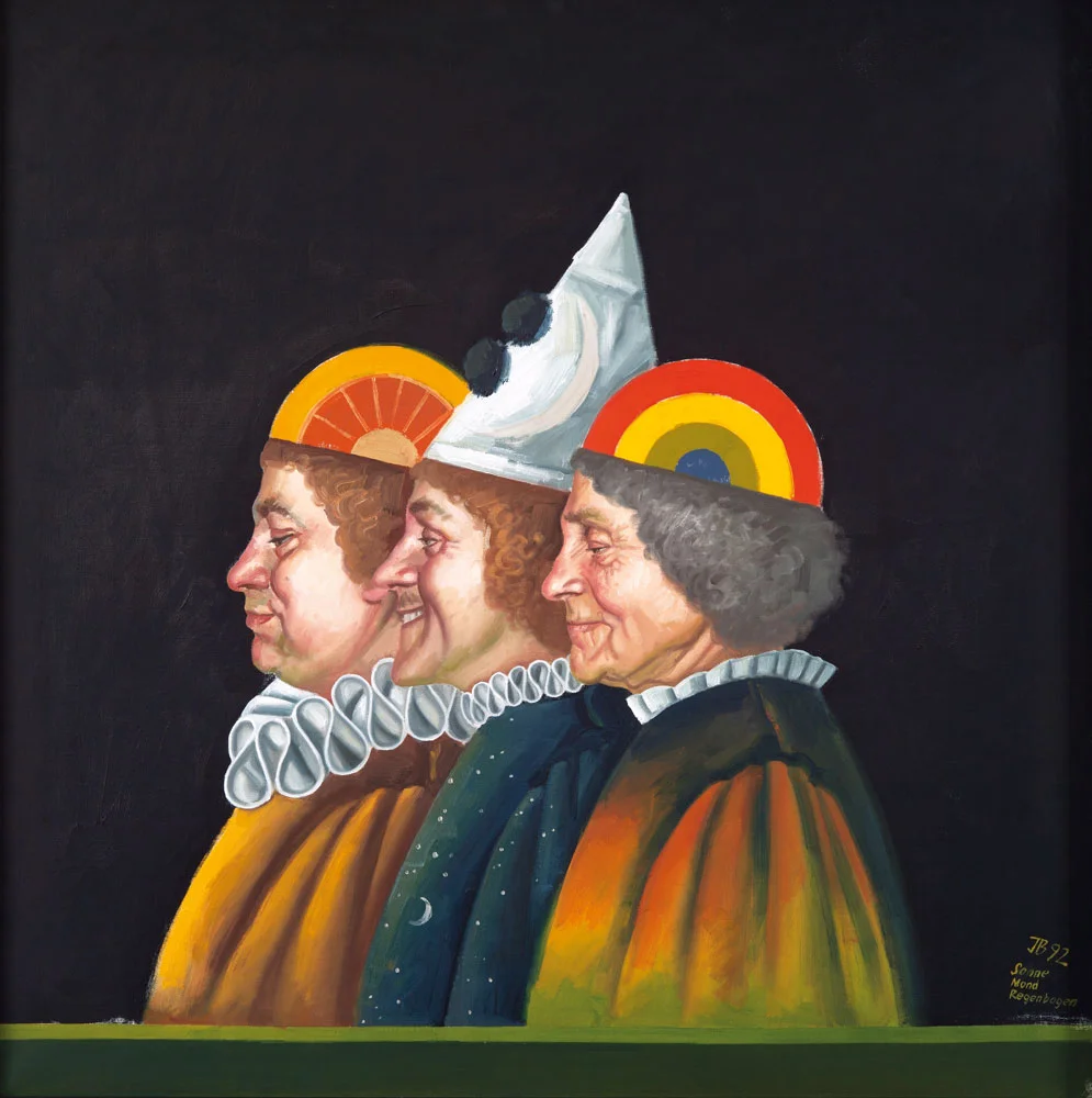 Gemälde: 3 Köpfe (Sonne, Mond, Regenbogen), Öl auf Hartfaserplatte, 98 x 98 cm, Kunstsammlung Raiffeisen Niederösterreich-Wien