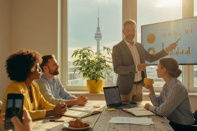 Vorsorgen-Veranlagen - Team-sieht-sich-Grafik-an-Abfertigung