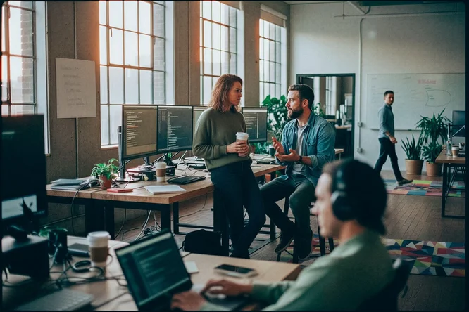 Mitarbeiter stehen in einem Office mit Kaffee und reden