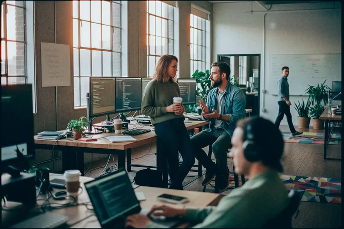 Mitarbeiter stehen in einem Office mit Kaffee und reden