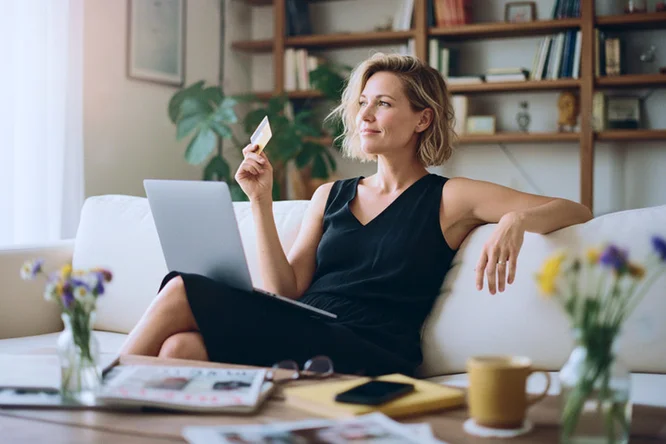 Eine Frau in einem schwarzen Kleid sitzt auf einem Sofa, hält eine Kreditkarte in der Hand und benutzt einen Laptop. Die Szene spielt in einem gemütlichen Wohnzimmer mit Bücherregalen, Pflanzen und Blumen auf dem Tisch. Sie wirkt entspannt; umgeben von einer Tasse, einem Smartphone und Zeitungen, deutet dies auf eine lockere Online-Shopping- oder Bankaktivität hin.