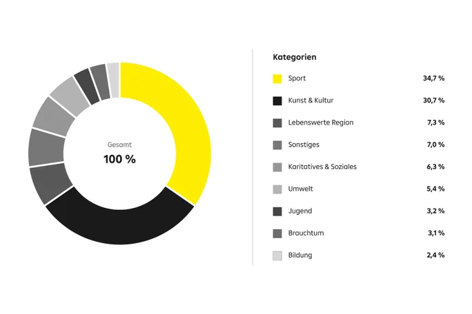Tortendiagramm: Sport: 34,7%, Kunst & Kultur: 30,7 %, Lebenswerte Region: 7,3 %, Sonstiges: 7,0 %, Karitatives & Soziales: 6,3 %, Umwelt: 5,4 %, Jugend: 3,2 %, Brauchtum: 3,1 %, Bildung: 2,4 %