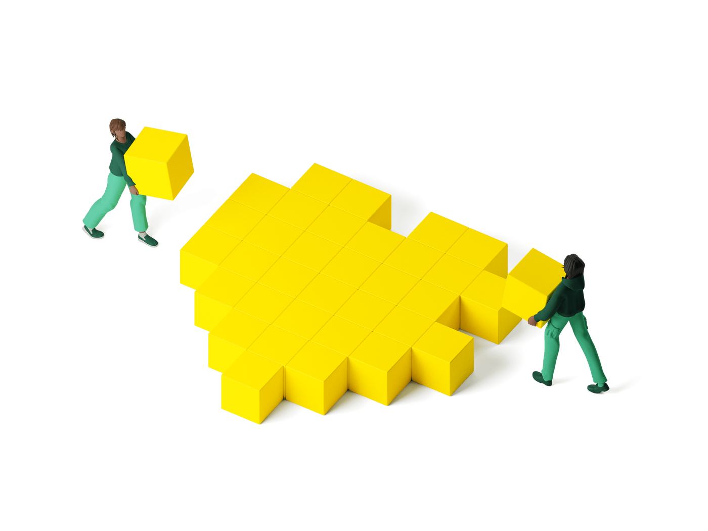 Zwei illustrierte Figuren bauen zusammen ein großes gelbes Herz aus Würfeln. Die Szene ist minimalistisch und klar gestaltet, der weiße Hintergrund hebt die geometrische Form des Herzens hervor. Beide Personen tragen gelbe Würfel und helfen so beim Bau des Herzens. Die Szene vermittelt durch ihre leuchtenden Farben und die stilisierte Bildsprache Teamwork, Zusammenhalt und Kreativität.